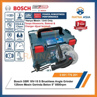 6a5ef518b146a1409836bd062a0e4c4261e897ab3a6f5e4b81f3d.jpg Bosch GBR 18V-15 S Angle Grinder 125mm Mesin Gerinda Beton 5" Cordless 18V Professional Unit Only