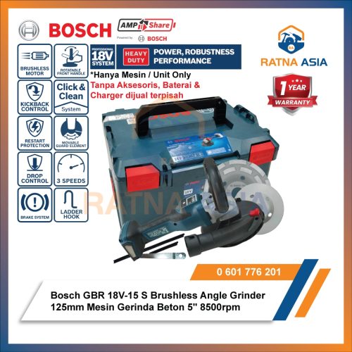 6a5ef518b146a1409836bd062a0e4c4261e897ab3a6f5e4b81f3d.jpg Bosch GBR 18V-15 S Angle Grinder 125mm Mesin Gerinda Beton 5" Cordless 18V Professional Unit Only