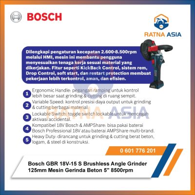 6a5ef51a432f852c99848dffa00df220750e89191e03133815729.jpg Bosch GBR 18V-15 S Angle Grinder 125mm Mesin Gerinda Beton 5" Cordless 18V Professional Unit Only